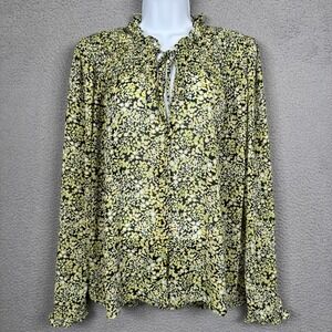 Free‎ People Top Womens L Black Yellow Lela Floral Smocked Ruffle Blouse Boho